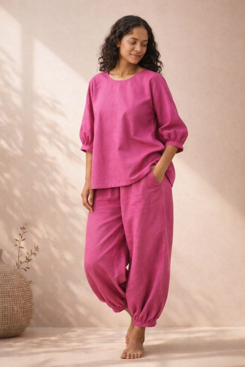 Pink two piece set for women summer co ord vacation wear Hands of Kutch